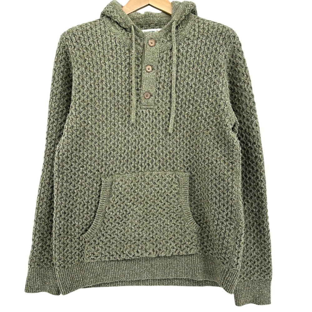Wellen Seawool Henley Hoodie Green Waffle Knit Kangaroo Pocket Sweater Mens M